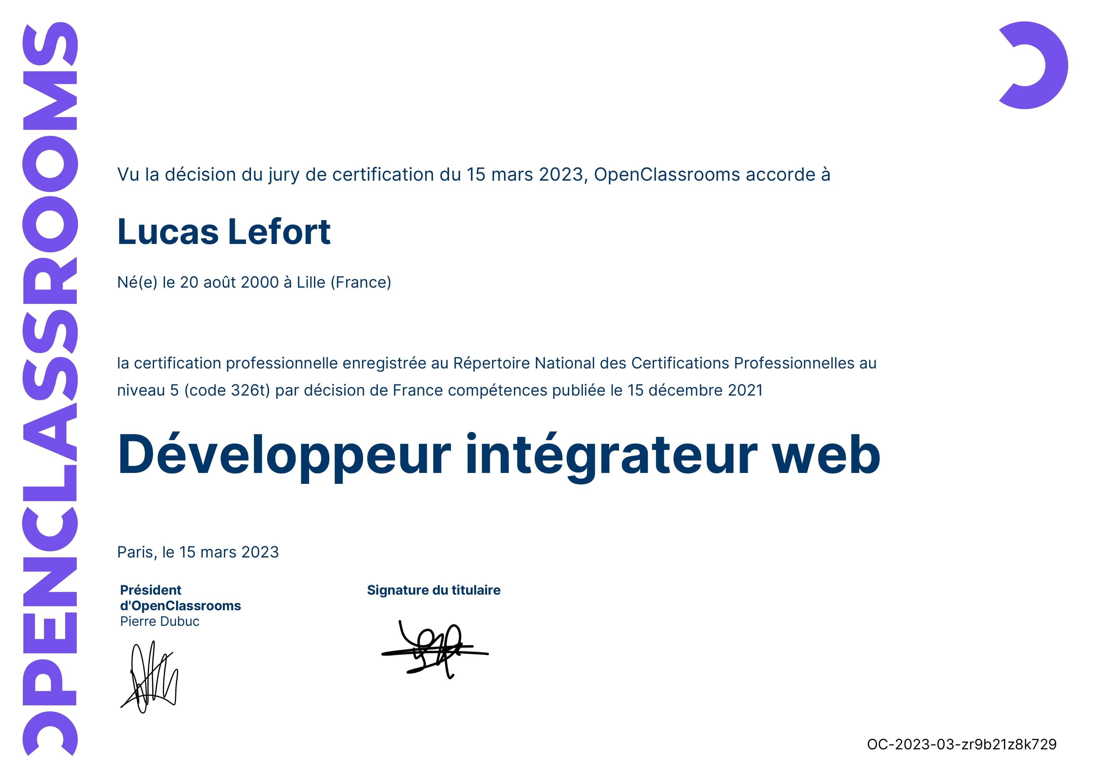 Diplôme de développeur intégrateur web délivré par Openclassrooms